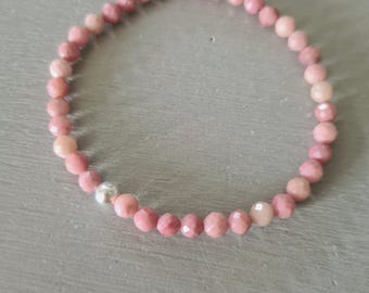 Pink Rhodochrosite Bead Stretch Bracelet Silver or Gold tiny 4mm faceted pink gemstone bead Bracelet healing crystal jewellery gift mum girl