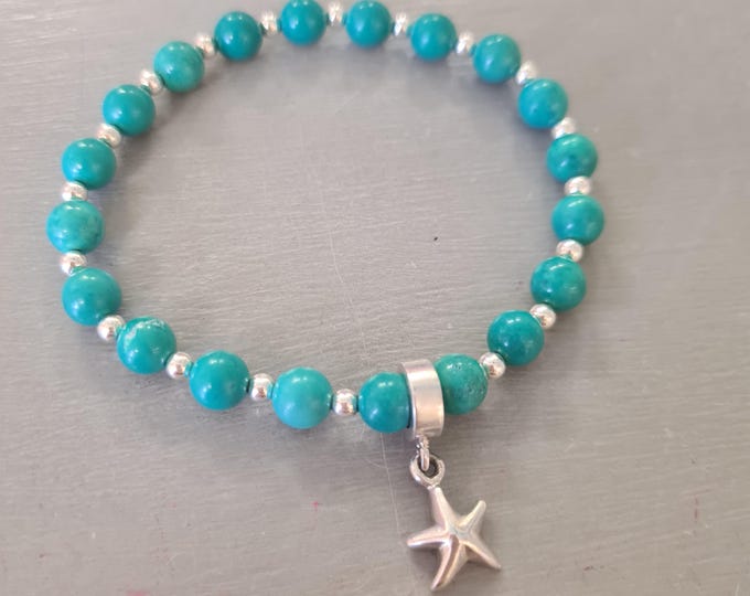 Turquoise STRETCH Bracelet Sterling Silver Star fish 6mm blue green Turquoise GEMSTONE bead Bracelet December Birthstone jewellery gift her