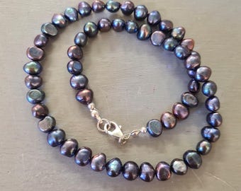 Peacock Freshwater Pearl necklace choker 925 Silver 7mm real large AA irregular Black Baroque pearl necklace June Birthstone jewellery gift