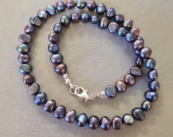 Black Baroque Freshwater Pearl necklace choker 7mm real large AA irregular Peacock Black pearl necklace  Pearl June Birthstone jewelry gift