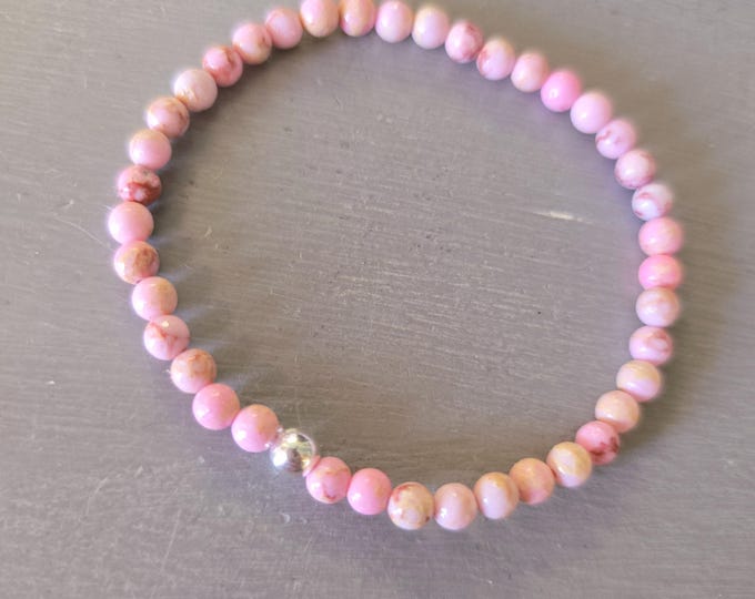 Light Pink Jasper stretch bracelet Sterling Silver or Gold tiny 4mm pink gemstone bead bracelet Arthritis jewellery gift for her girl mum