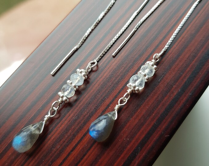 Labradorite and Moonstone earrings Sterling Silver threader teardrop gemstone earrings long earrings boho jewellery gift