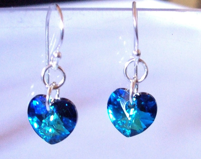 Bermuda Blue Swarovski crystal heart earrings - on Sterling Silver or Gold Fill  fastenings of choice