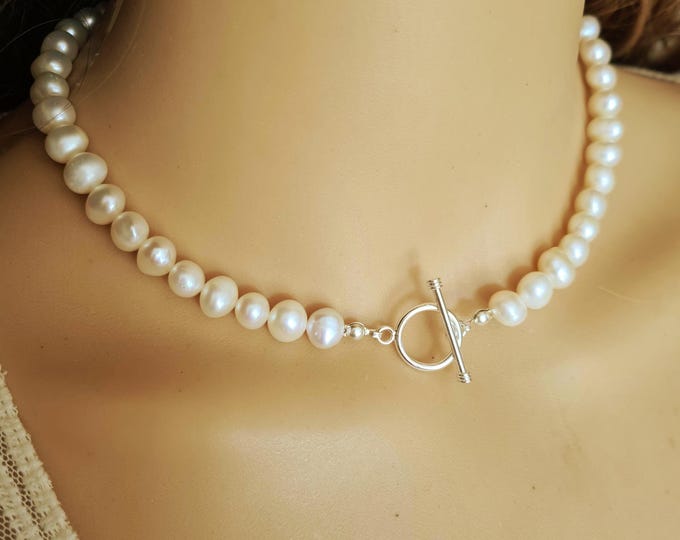 White Baroque Freshwater Pearl necklace Sterling Silver 7mm large real AA Baroque pearl necklace June Birthstone jewellery gift for mum her