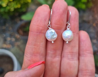 Freshwater pearl coin earrings Sterling Silver / Gold 10mm real pearl bridal earrings June Birthstone jewellery  3rd & 30th anniversary gift