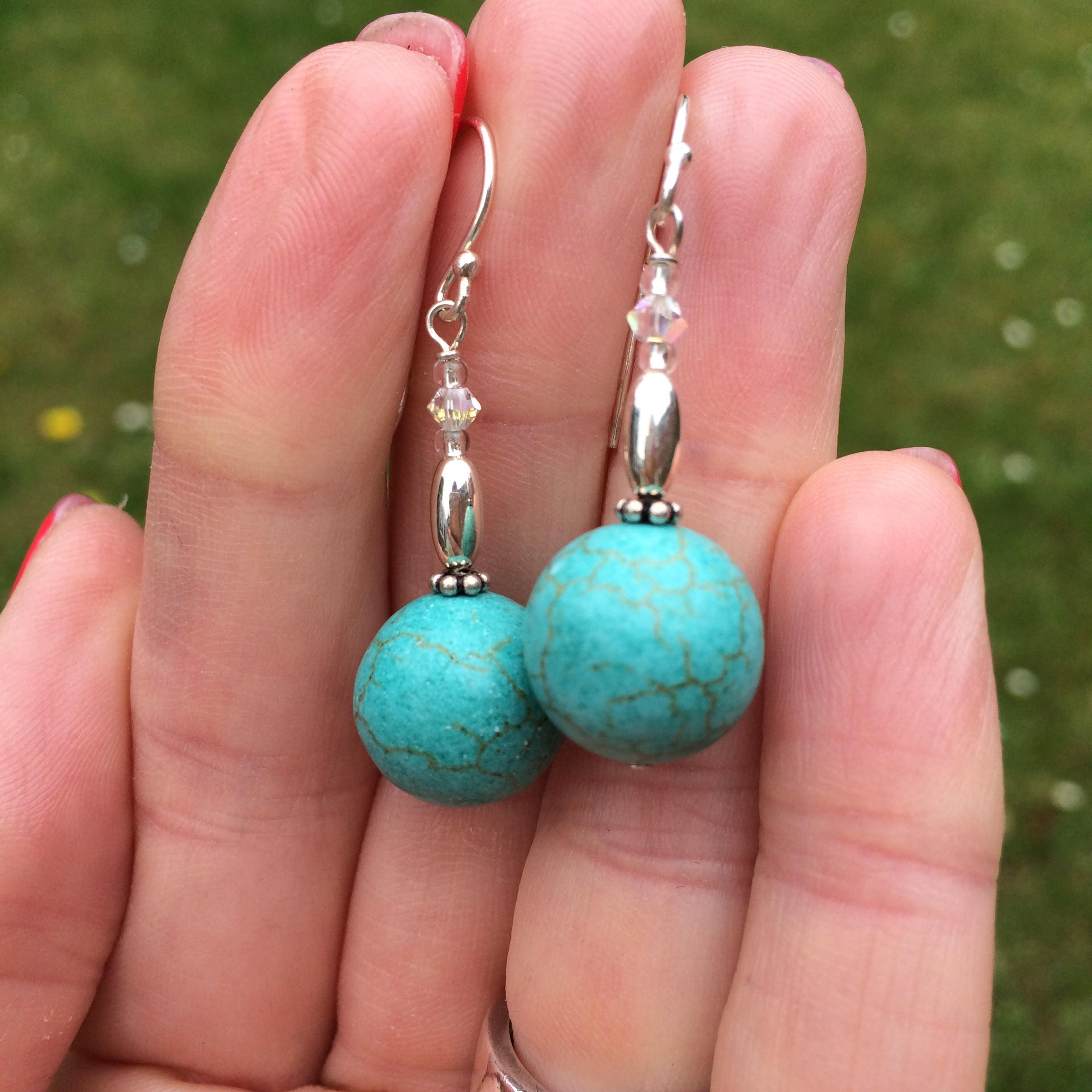 Large Turquoise bead earrings Sterling Silver - December Birthstone