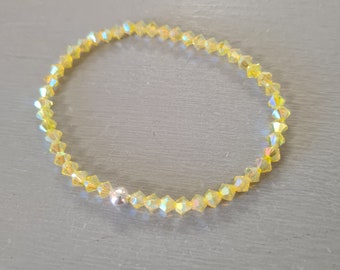 Yellow crystal stretch bracelet Sterling Silver Gold Fill or diamante tiny 4mm Yellow AB crystal bracelet beaded jewellery gift for her girl