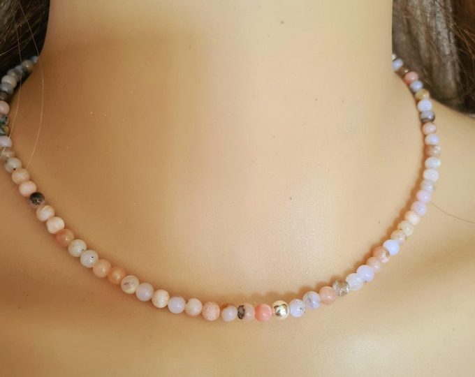 Tiny real Pink Peruvian Opal necklace choker Sterling Silver or Gold 4mm pink gemstone bead necklace October Birthstone jewellery gift her