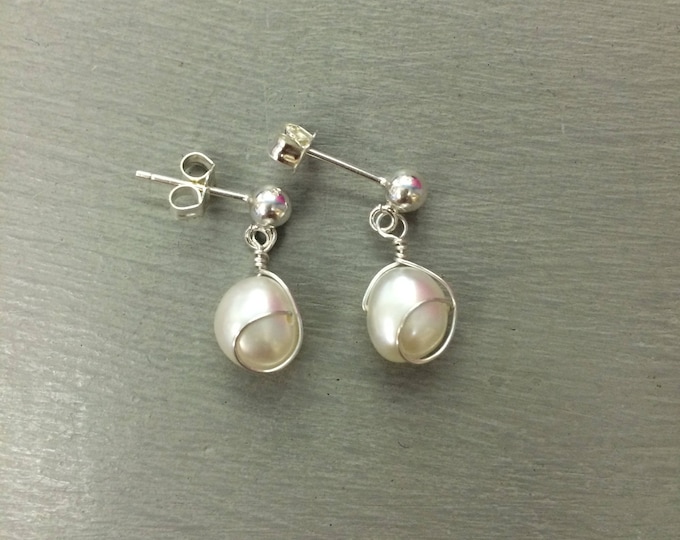 White Baroque Freshwater pearl earrings Sterling Silver pearl drop earrings wire wrapped pearl earrings white pearl earrings bridesmaid gift