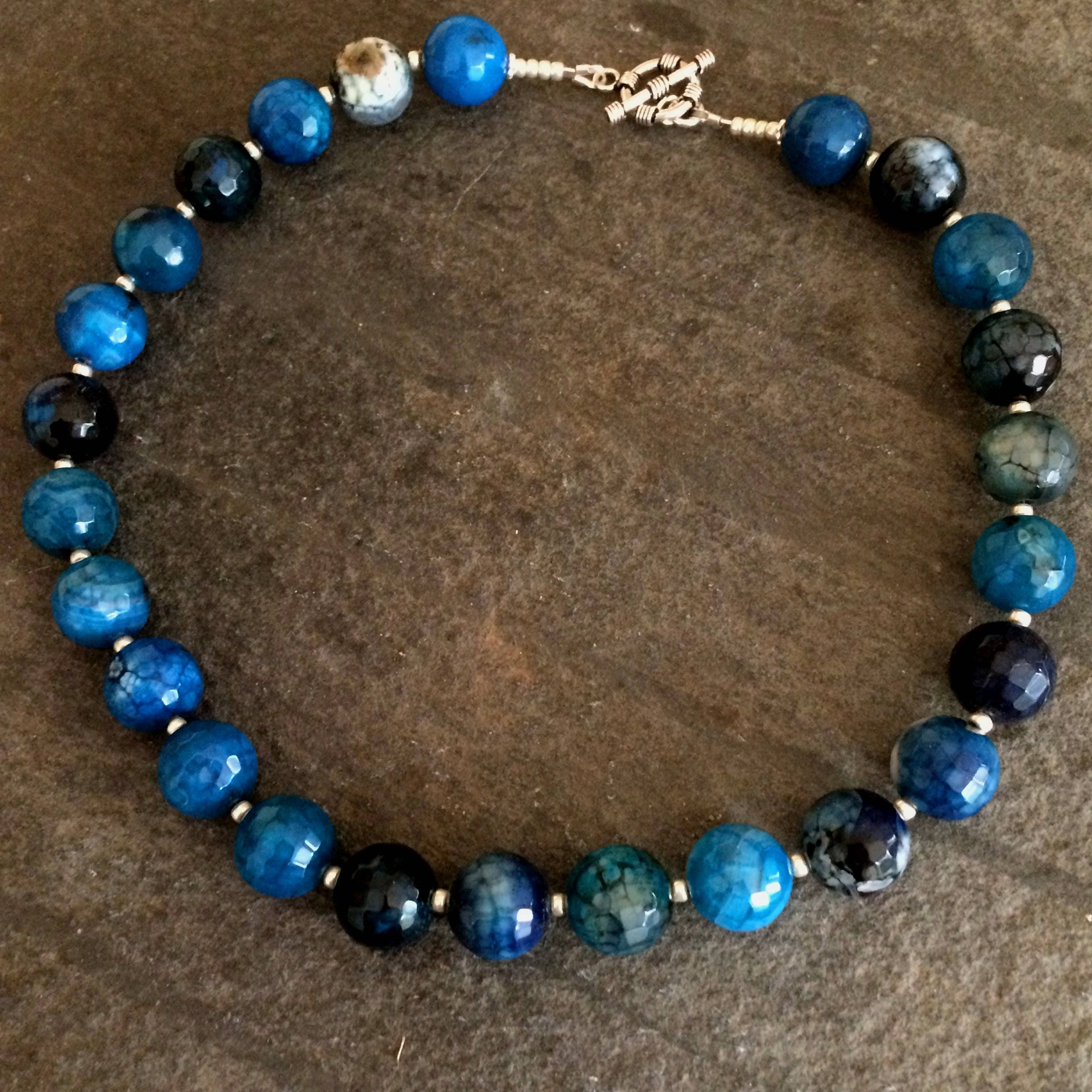 Chunky blue Agate beaded gemstone necklace Sterling Silver semi ...