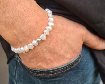 Mens Freshwater Pearl bracelet Sterling Silver / Gold Fill large white or grey Baroque pearl bracelet June Birthstone jewellery gift for him