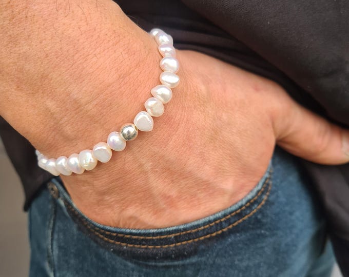 Mens Freshwater Pearl bracelet Sterling Silver / Gold Fill large white or grey Baroque pearl bracelet June Birthstone jewellery gift for him