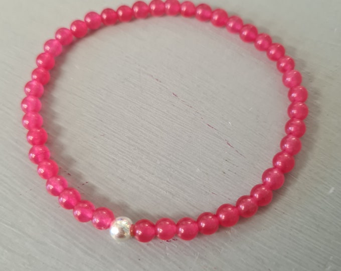 Raspberry Pink Ruby Jade stretch Bracelet  with a Sterling Silver or 14K Gold Fill accent bead - July Birthstone jewellery gift