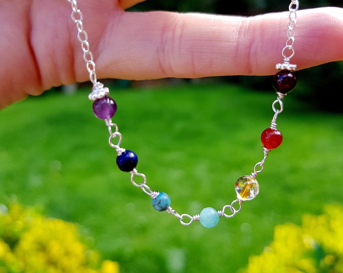 Tiny 7 Chakra necklace choker Sterling Silver or 14K Gold Fill 4mm RAINBOW multi gemstone bead BOHO 7 Chakra Healing jewellery gift for girl