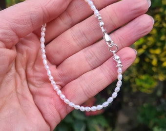 Tiny Freshwater Pearl Bracelet Sterling Silver or Gold real 3mm seed rice pearl Bracelet June Birthstone jewellery gift wedding anniversary
