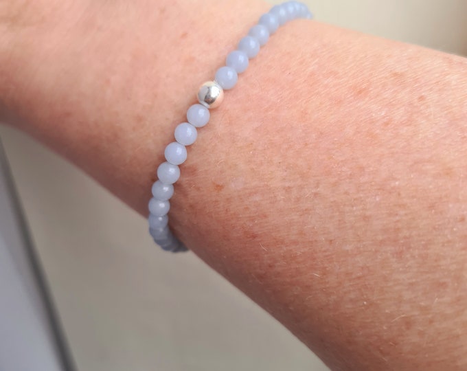 Tiny Blue ANGELITE STRETCH Bracelet Sterling Silver or Gold Fill 4mm light blue GEMSTONE bead Bracelet crown Chakra Healing jewellery gift