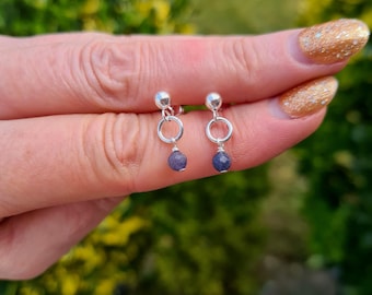Tiny Blue raw faceted real Sapphire stud earrings Sterling Silver or 14K Gold Fill - September Birthstone jewellery gift for her him or girl