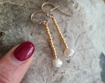 Tiny Freshwater pearl earrings Gold or Silver real Baroque Freshwater pearl drop earrings with seed beads June Birthstone jewellery gift mum