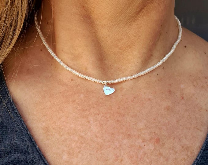 Tiny Freshwater Pearl choker necklace Sterling Silver or Gold hammered heart 2mm real white seed pearl necklace June Birthstone jewelry gift