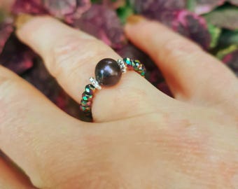 Peacock Freshwater Pearl stretch ring Sterling Silver or 14K Gold Fill real black pearl & crystal beaded ring June BIRTHSTONE jewellery gift