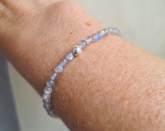 LABRADORITE gemstone bead stretch Bracelet with Sterling Silver or Gold Fill accent bead -  Chakra jewellery Gift