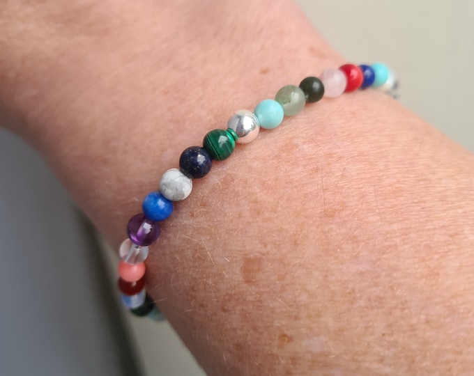 Multi gemstone bead stretch Bracelet Sterling Silver or Gold Fill tiny 4mm multi colour bead Bracelet small recycled Beaded jewellery gift