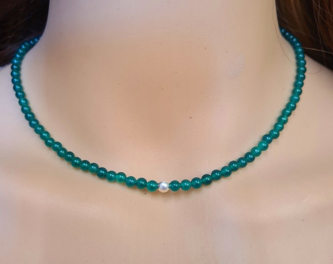 GREEN ONYX beaded necklace choker Sterling Silver or Gold Fill - Heart Chakra jewellery - Balance jewelry gift