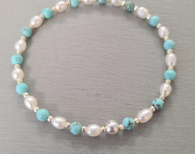 Turquoise and Pearl STRETCH Bracelet Sterling Silver Gold Small Freshwater pearl & blue GEMSTONE bead Bracelet December Birthstone jewellery