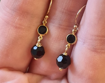 small Black Swarovski crystal drop earrings Gold Fill Jet black crystal bead earrings vintage Gold Black Swarovski Jewellery gift for her