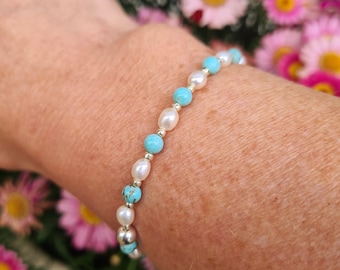 Turquoise and Freshwater Pearl STRETCH Bracelet Sterling Silver Gold Small pearl & blue GEMSTONE bead Bracelet December Birthstone jewellery