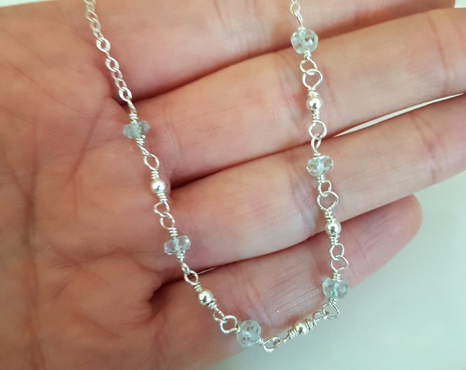 Tiny Aquamarine necklace Sterling Silver or Gold Fill genuine Aquamarine March Birthstone jewellery gift wire wrapped choker gift for girl