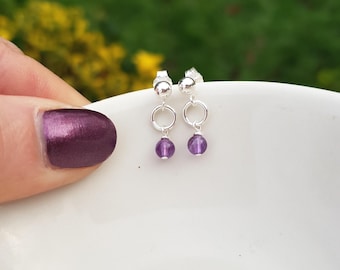 Tiny Amethyst earrings Sterling Silver stud small Amethyst drop earrings purple gemstone jewelry February Birthstone jewellery gift for girl