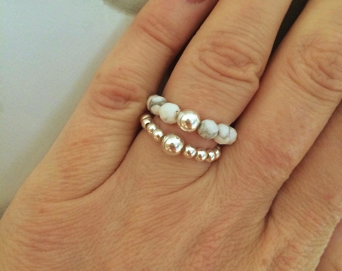WHITE HOWLITE STRETCH ring with Sterling Silver or 14k Gold Fill bead