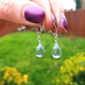 Aquamarine Quartz earrings Sterling Silver leverback wire wrapped small teardrop earrings blue drop earrings March Birthstone jewelry gift