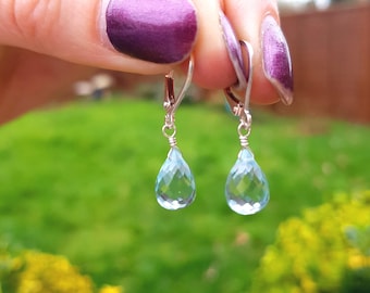 Aquamarine Quartz earrings Sterling Silver leverback wire wrapped small teardrop earrings blue drop earrings March Birthstone jewelry gift