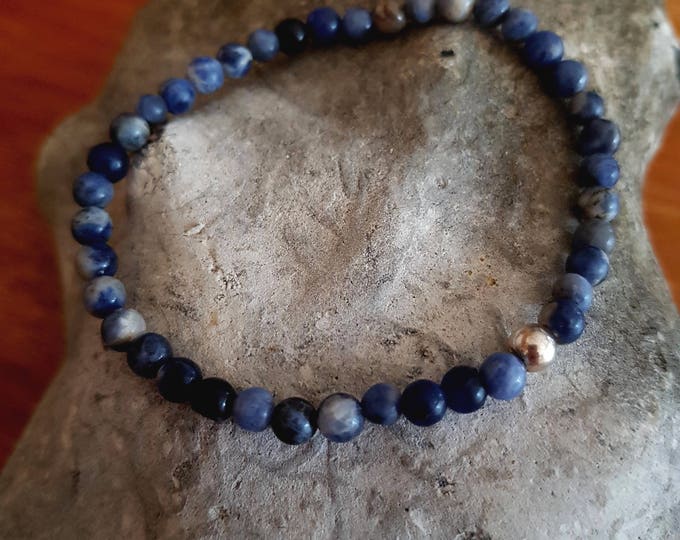 Blue gemstone bead stretch Bracelet Sterling Silver or 14K Gold Fill tiny 4mm blue Sodalite bracelet - throat chakra calm jewellery gift