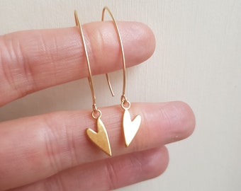 24K Gold Vermeil heart earrings on long 14K Gold Fill hooks simple heart earrings Handmade Gold heart earrings heart jewellery gift for her