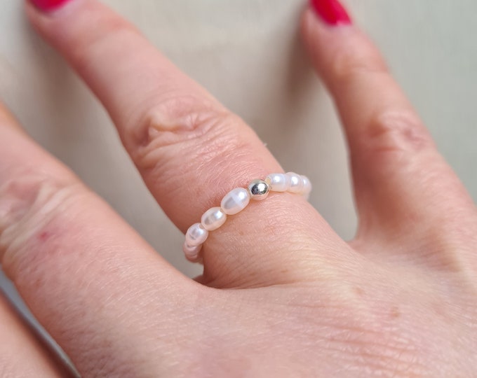 Tiny Freshwater Pearl stretch ring Sterling Silver or 14K Gold Fill real white rice pearl beaded stack ring June Birthstone jewellery gift