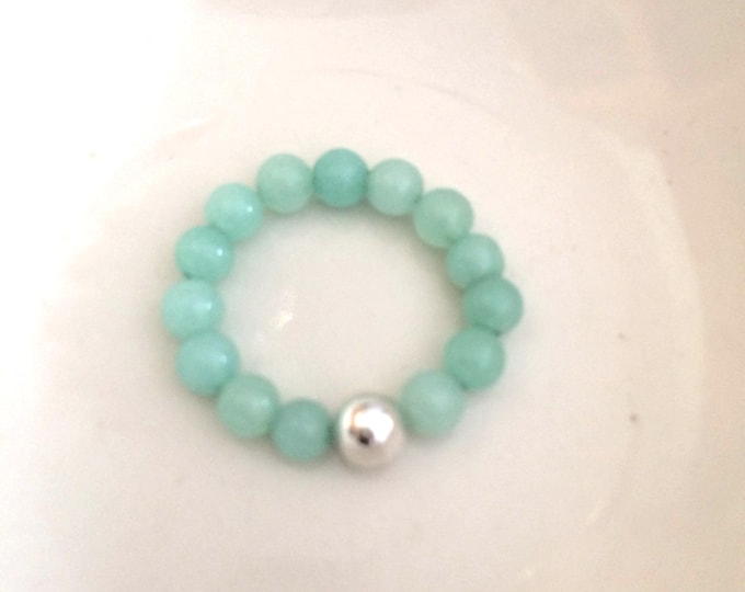 Aqua GREEN JADE RING Sterling Silver stretch ring beaded green gemstone bead ring green stacking ring Jade arthritis chakra jewellery gift