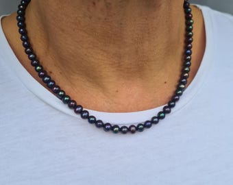 Black Freshwater Pearl necklace for men Black Peacock pearl necklace for him real pearl June Birthstone jewellery gift for men dad boyfriend