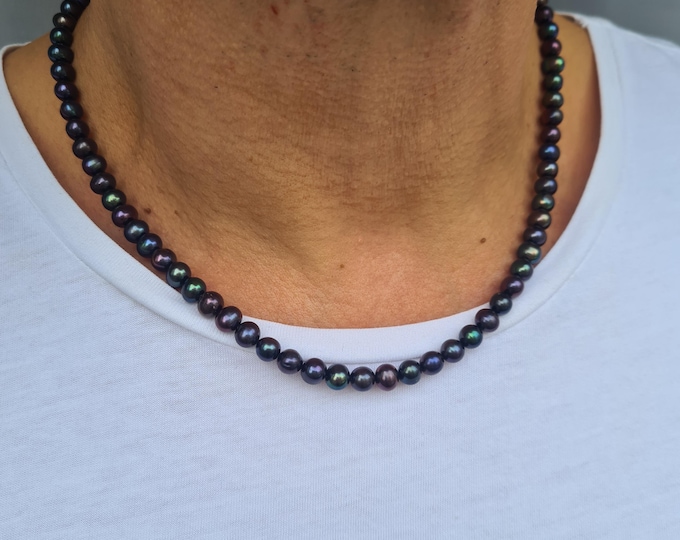 Black Freshwater Pearl necklace for men Black Peacock pearl necklace for him real pearl June Birthstone jewellery gift for men dad boyfriend