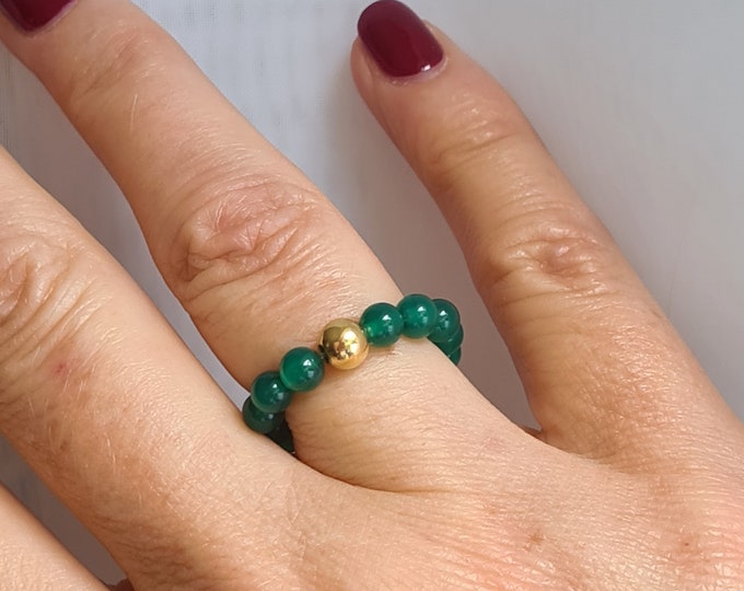 GREEN ONYX ring with Sterling Silver or 14K Gold Fill accent bead -green gemstone bead stretch ring- heart Chakra  Yoga lover jewellery gift