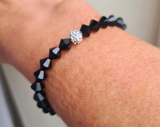 Black Swarovski crystal stretch bracelet with diamante pave bead - Vintage Swarovski jewellery gift for her mum sister