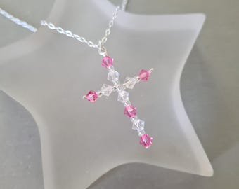 Sterling Silver Swarovski Crystal cross necklace choker cross pendant pink or other colours handmade jewellery gift girl mum Communion prom