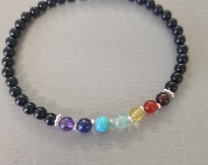 7 CHAKRA Bracelet Black Onyx Sterling Silver or Gold Fill tiny 4mm Black gemstone bead stretch Bracelet Chakra healing jewellery gift