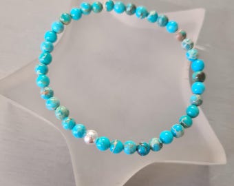 Tiny Turquoise Blue Jasper bracelet Sterling Silver or Gold Fill 4mm blue gemstone bead stretch bracelet small Beaded Chakra jewellery gift