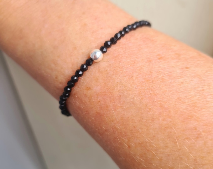 Tiny Black Spinel stretch bracelet Sterling Silver or 14K Gold Fill 3mm black Spinel gemstone bead bracelet beaded stacking jewellery gift