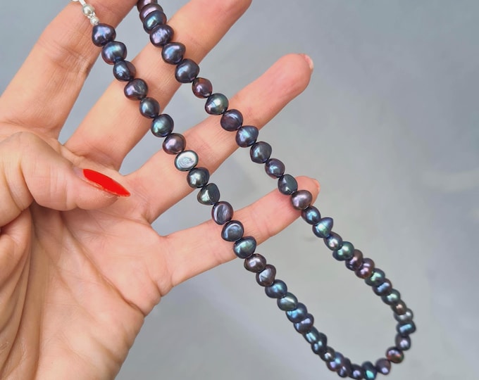Peacock Freshwater Pearl necklace choker 925 Silver 7mm real AA irregular Peacock Baroque pearl  June Birthstone jewellery gift her or him