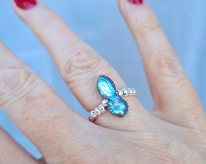 Blue Freshwater Pearl stretch ring Sterling Silver blue real Freshwater pearl ring OOAK June BIRTHSTONE jewellery gift for her mum Arthritis