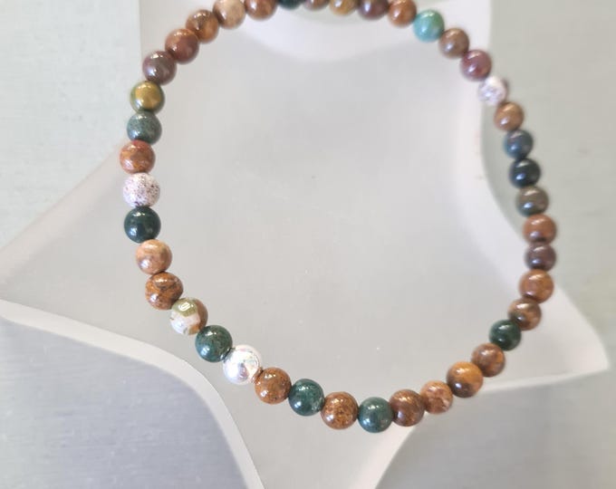 Ocean Jasper stretch bracelet Sterling Silver or Gold Fill natural 4mm tiny Green brown gemstone bead Bracelet Heart Chakra jewellery gift